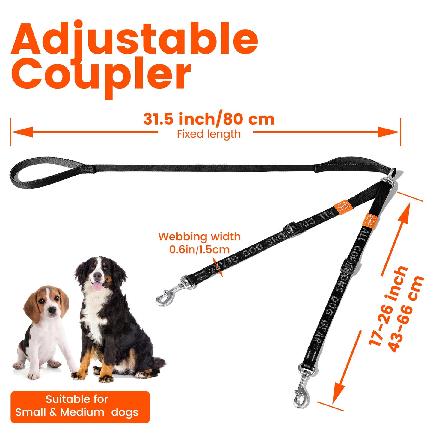 HOWGO Double Dog Leash, No Tangle 360° Swivel, Adjustable Two Padded Handles, Double Clip Dog Leash Coupler Splitter for All Breeds