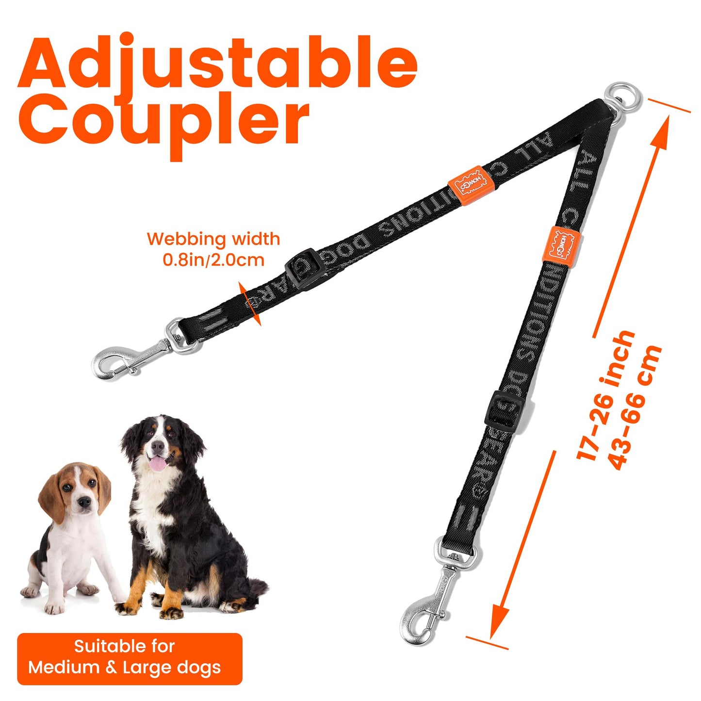 HOWGO Double Dog Leash, No Tangle 360° Swivel, Adjustable Two Padded Handles, Double Clip Dog Leash Coupler Splitter for All Breeds