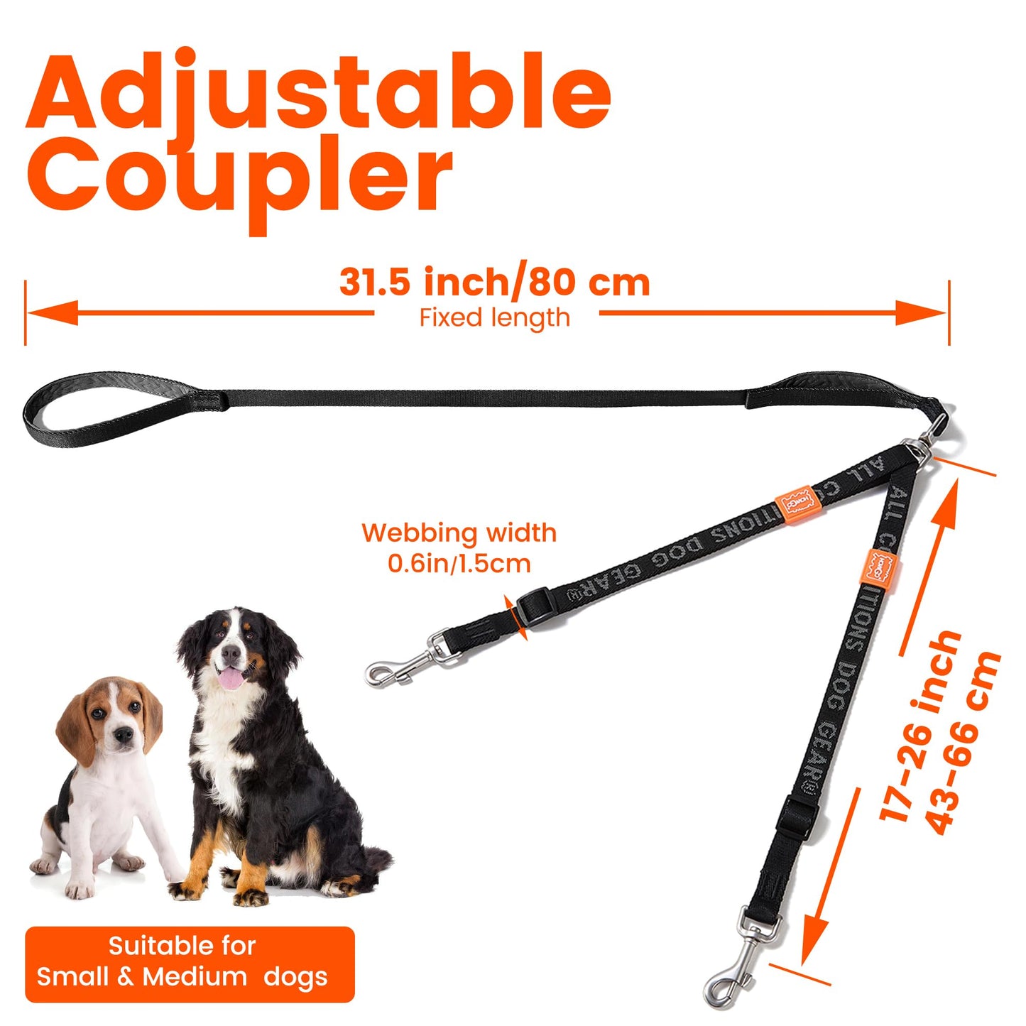 HOWGO Double Dog Leash, No Tangle 360° Swivel, Adjustable Two Padded Handles, Double Clip Dog Leash Coupler Splitter for All Breeds