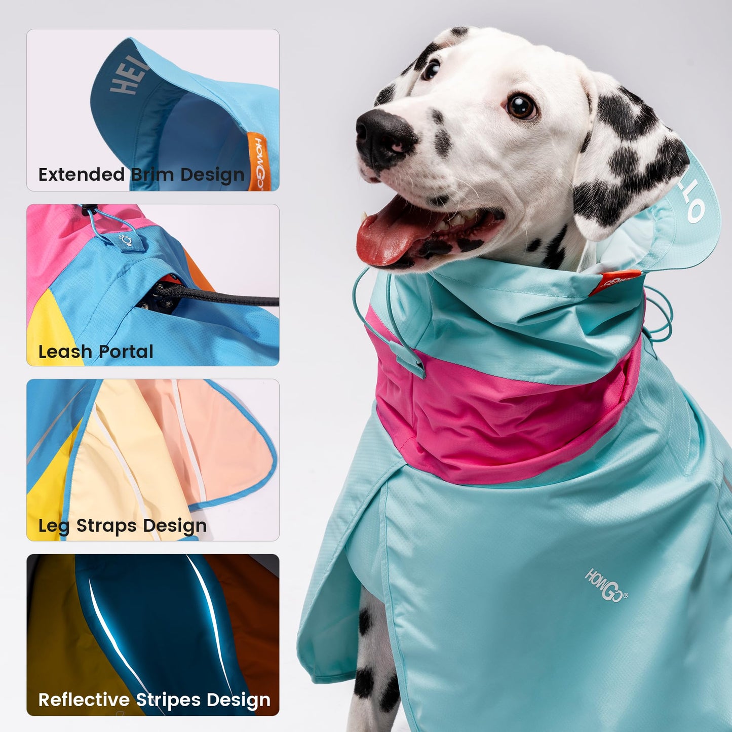 HOWGO Dog Raincoat Adjustable Pet Waterproof Windproof Jacket Dog Rain Jacket with Leash Hole for Small Medium and Large Dogs