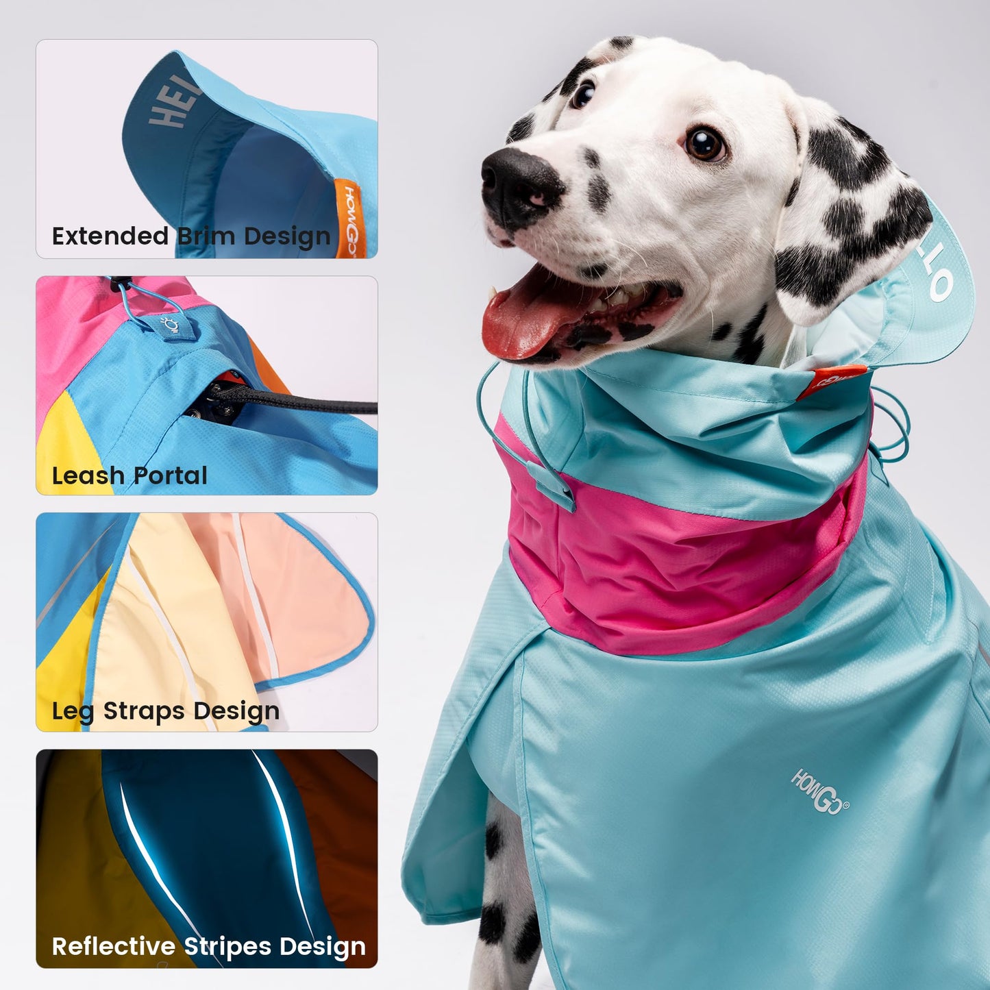 HOWGO Dog Raincoat Adjustable Pet Waterproof Windproof Jacket Dog Rain Jacket with Leash Hole for Small Medium and Large Dogs